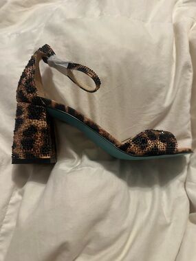 Betsey Johnson Leopard Sequin Block Heel Sandal - Black, Brown & Teal